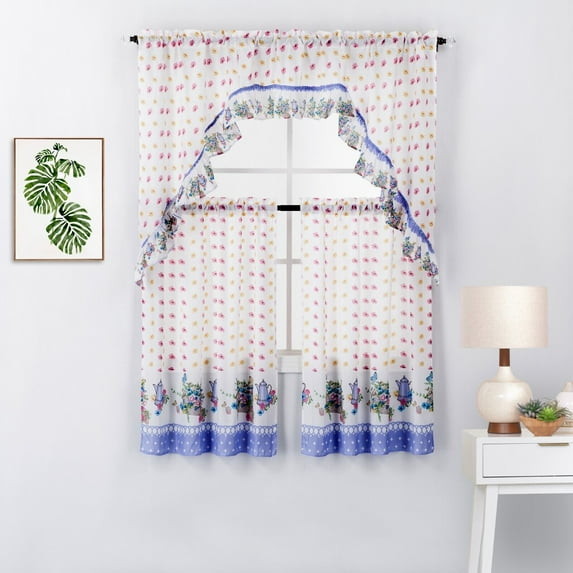 3 Piece Printed Kitchen Window Curtain Panel Tiers and Swag Valance Set