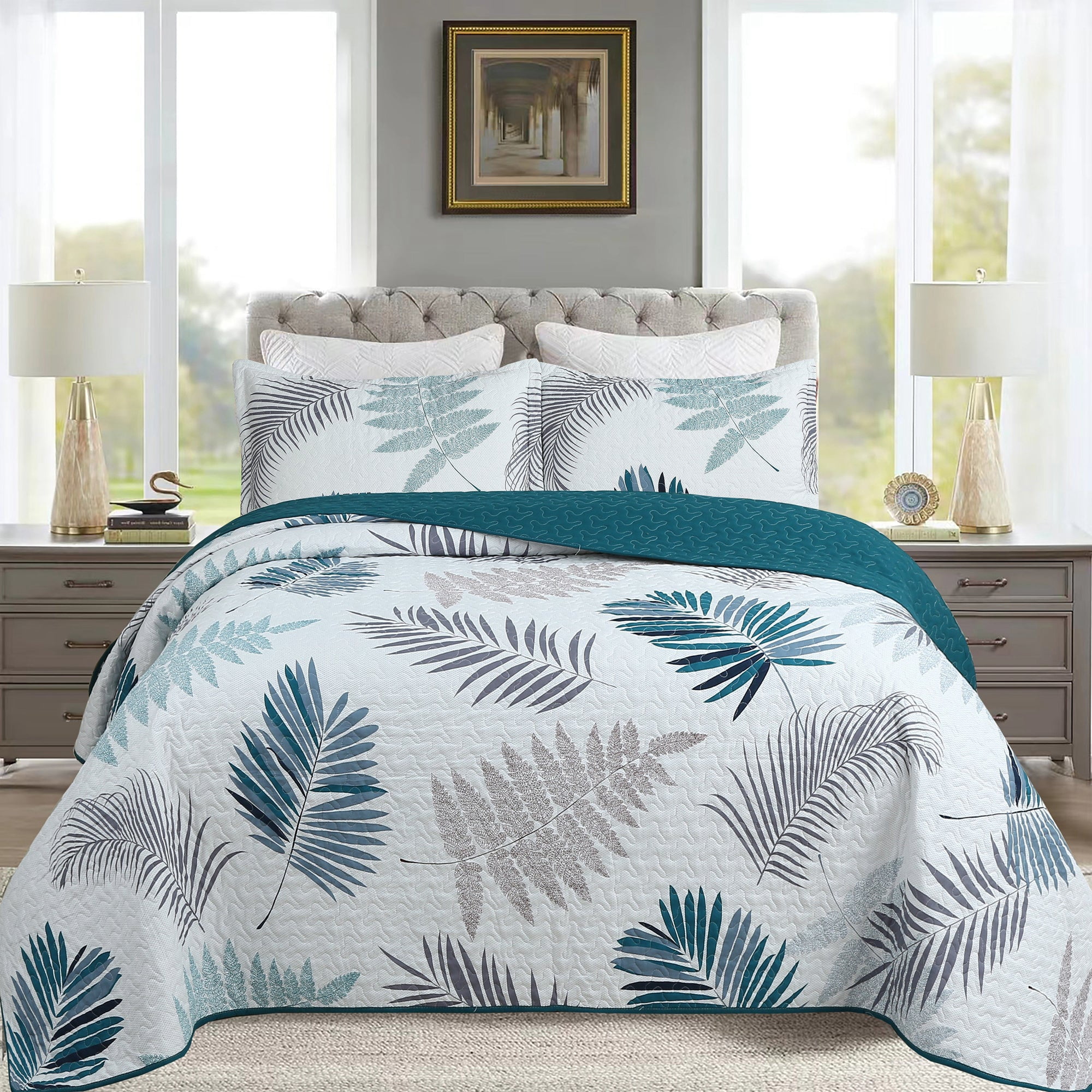 3Piece Printed Leaf Quilt Set Lightweight Bedspread Set for Cozy