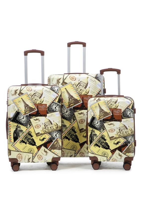 3-Piece Printed Pattern Luggage Set, 20/24/28 Inch PC Suitcase with Combination Lock and Spinner Wheels