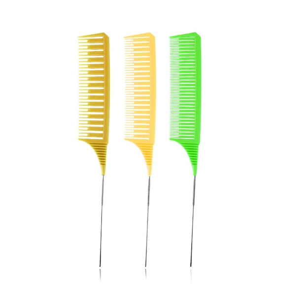 3 Piece Professional Dyeing Hair Comb Set Highlight Combs for Hair Stylist Weaving Styling Brush Set with Long Stainless Steel Rat Tail Stylist Combs for Hair (Yellow & Green)