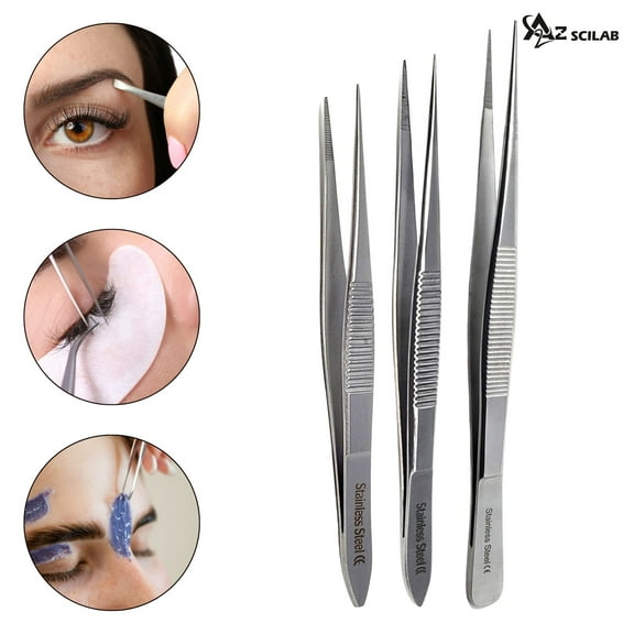 3 Piece Professional Stainless Steel Tweezers Set Hair Plucker Eyebrow Point Tip with multiple sizes 3.5, 4.5 and 5.5 Inches