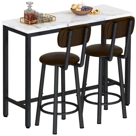 LinkRomat Dining Table Set for 2, Farmhouse Rectangle Kitchen Table with 2 PU Leather Upholstered Stools, Dinette Set for Small Space for Dining Room
