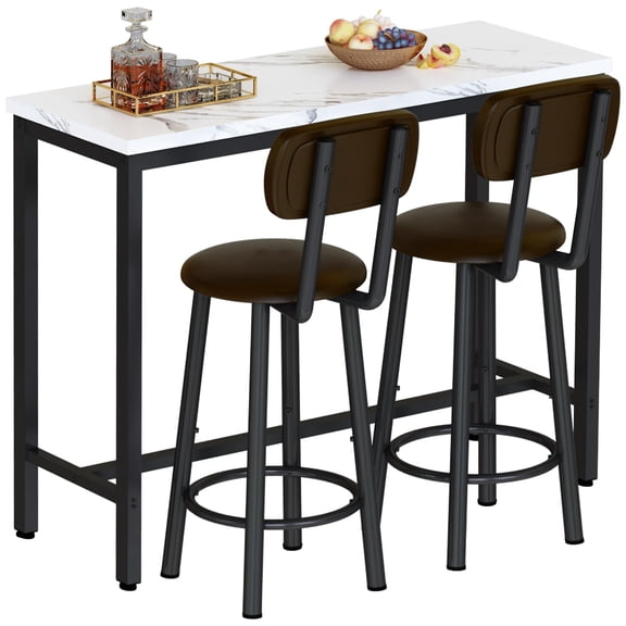 LinkRomat Dining Table Set for 2, Farmhouse Rectangle Kitchen Table with 2 PU Leather Upholstered Stools, Dinette Set for Small Space for Dining Room
