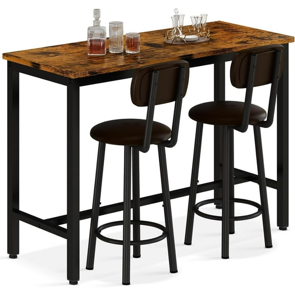 LinkRomat Dining Table Set for 2, Farmhouse Rectangle Kitchen Table with 2 PU Leather Upholstered Stools, Dinette Set for Small Space for Dining Room