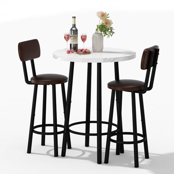LinkRomat Dining Table Set for 2, Farmhouse Round Kitchen Table with 2 PU Leather Upholstered Stools, Dinette Set for Small Space for Dining Room