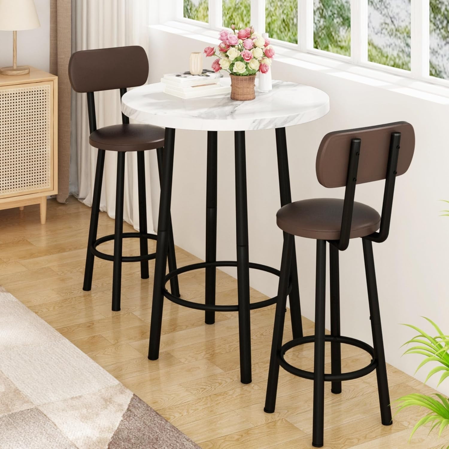 3 Piece Pub Dining Set, 24" Dining Table Set with 2 PU Leather ...