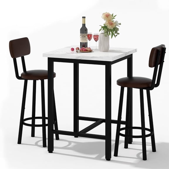 3 Piece Pub Dining Set, 24" Dining Table Set with 2 PU Leather Upholstered Stools, Square Small Space Kitchen Table Pub Set for Apartment Dining Room, Living Room (White)
