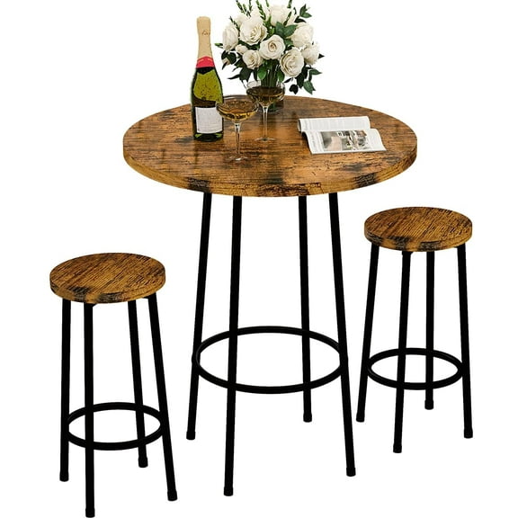 3 Piece Pub Dining Set, Modern Round bar Table and Stools for 2 Kitchen Counter Height Wood Top Bistro Easy Assemble for Breakfast Nook Living Room Small Space Restaurant, Rustic Brown 23