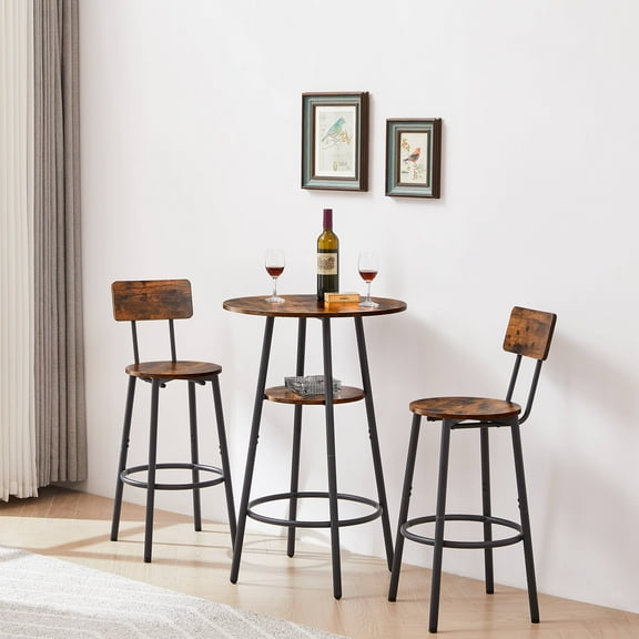 3 Piece Pub Dining Set with Shelf, Rustic Round bar Table and Stools Kitchen Counter Height Wood Top Bistro Easy Assemble for Breakfast Nook Small Space Restaurant