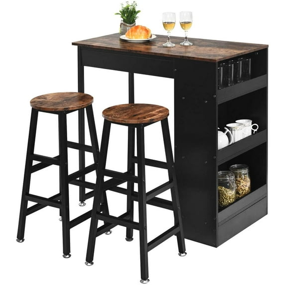 3 Piece Pub Dining Set, Wooden Counter Height Table Set with 2 Bar Stools, Industrial Bar Table Set, Sturdy Table with Storage for Kitchen, Restaurant, Living Room (Brown)