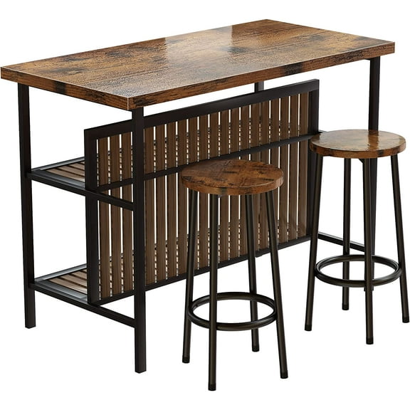 3 Piece Pub Set, Rectangular 2 Bar Stools, Wood Dining Room Set of 2, Modern Counter Height Table with Storage, Kitchen Island with Seating, 47" Faux Marble, Rustic Brown