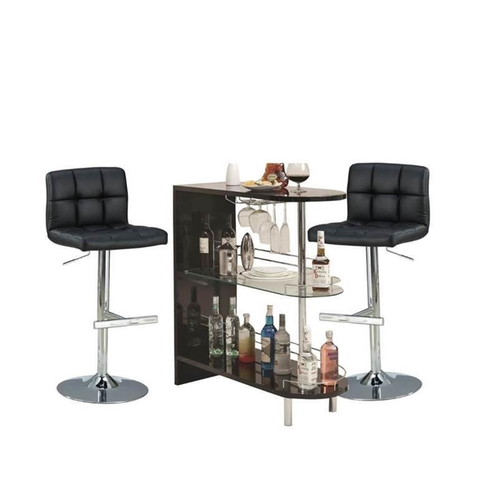 Glossy Black and Chrome 3-Piece Pub Set with Adjustable Bar Stools