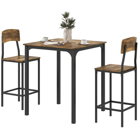 Beyamis 3-Piece Pub Table and Chairs Set, Small Kitchen Square Dining Table with 2 Stools (Rustic Brown & Black, Alloy Steel) - Compact for Morning Coffee & Small Meals
