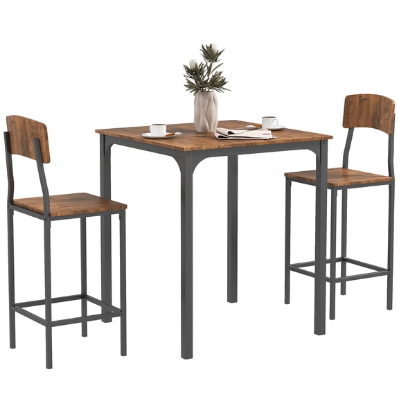 3 Piece Pub Table and Chairs, Small Kitchen Table and Chairs, Square Dining Table with 2 Stools, Walnut and Black