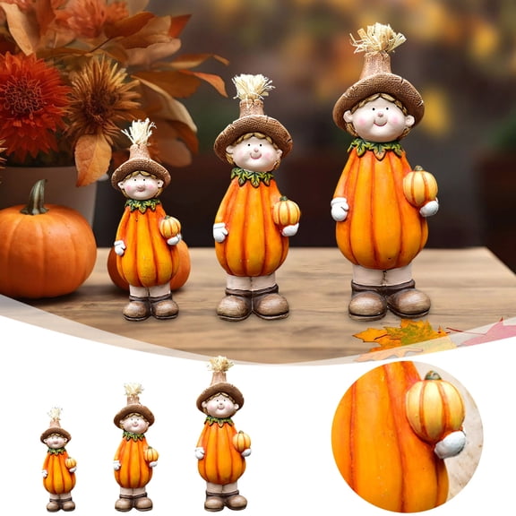 3-Piece Pumpkin Autumn Statues - Weather-Resistant for Outdoor/Indoor Use, Garden Courtyard & Tabletop Fall Decor