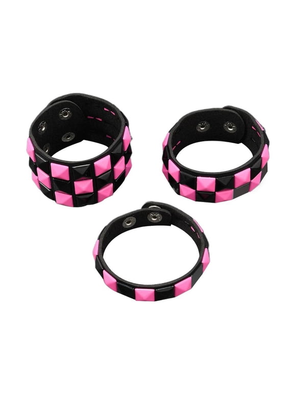 3-Piece Punk Studded Bracelets Set - Adjustable Gothic Leather Wristbands with Pyramid Spikes for Men Women, Rock Emo Cosplay