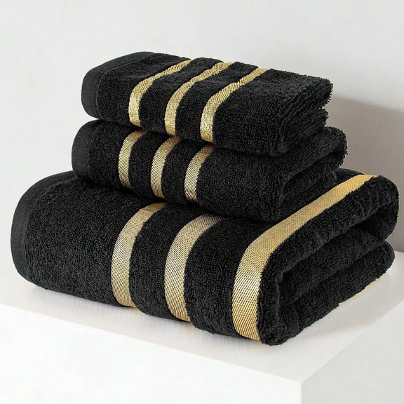 3-Piece Pure Cotton Bath Towel Set, Black with Gold Stripes, 1 Bath, 1