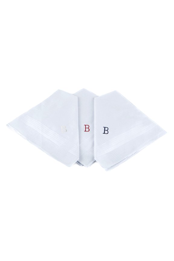 3-Piece Pure Cotton Initial Letter Embroidered Handkerchiefs, B