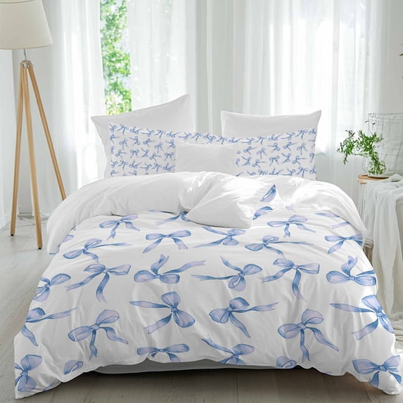 3 Piece Purple Blue Bow Ribbon Duvet Cover Set Twin Size, Microfiber Comforter/Quilt Cover with Corner Ties and 2 Pillowcases, Vintage Modern Art Bowknot All Season Soft Bedding with Zipper Closure