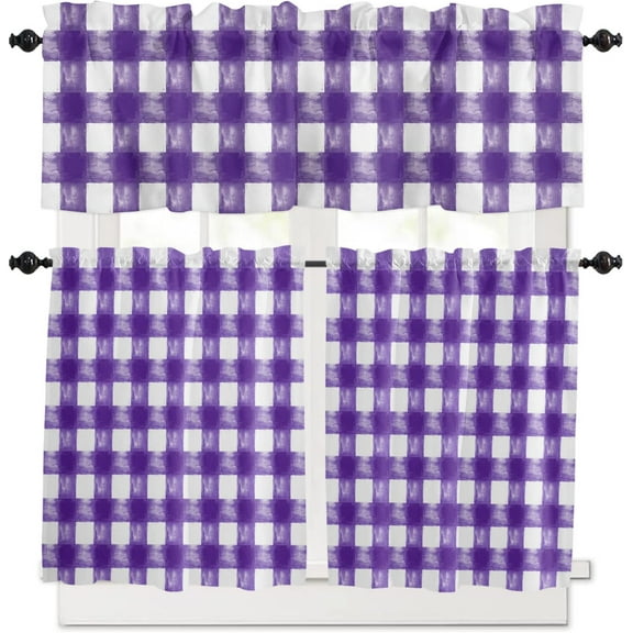 3 Piece Purple Buffalo Plaid Check Kitchen Curtains, Tier and Valance Rod Pocket Window Curtains Set Farmhouse Watercolor Cafe Curtains for Kitchen Valances Window Treatment 54X18in+27x24in×2