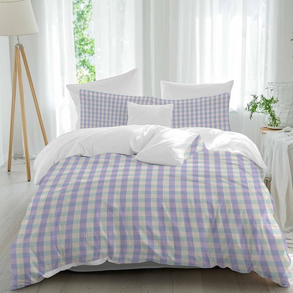3 Piece Purple Duvet Cover Set California King,Microfiber Comforter/Quilt Cover with Corner Ties and 2 Pillowcases,Grid Checkered Plaid Gingham Lattice Trellis All Season Bedding with Zipper Closure