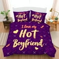 thumbnail image 1 of 3-Piece Purple Duvet Cover Set - " I Love My Hot Boyfriend " with Hearts & Arrows - Fun & Playful Bedroom Decor for Couples, 1 of 4