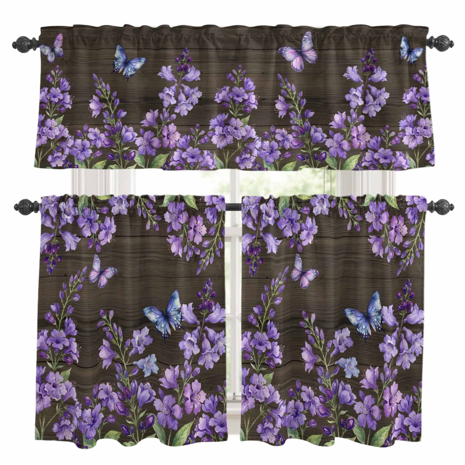 3 Piece Purple Flowers Kitchen Curtain Valance and Tiers Set Spring ...