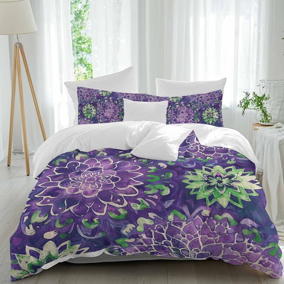 3 Piece Purple Green Flowers Duvet Cover Set California King,Microfiber Comforter/Quilt Cover with Corner Ties and 2 Pillowcases,Watercolor Vintage Botanical All Season Bedding with Zipper Closure