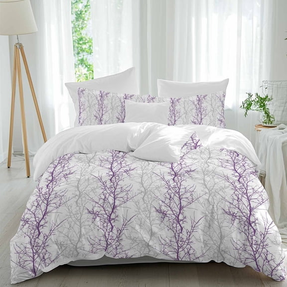 3 Piece Purple Grey Branch Duvet Cover Set Queen Size,Microfiber Comforter/Quilt Cover with Corner Ties and 2 Pillowcases,Spring Summer Pastoral Botanical All Season Soft Bedding with Zipper Closure