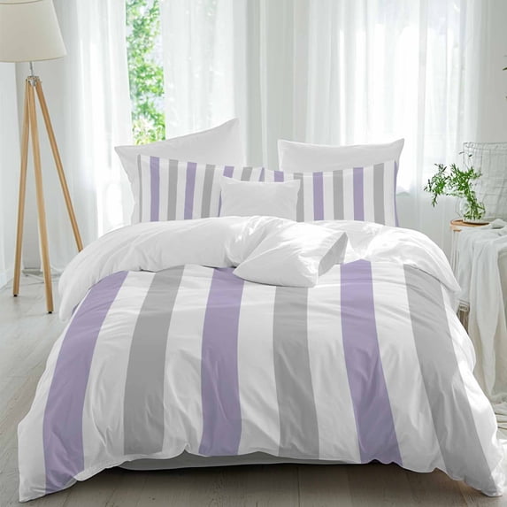 3 Piece Purple Grey Stripe Duvet Cover Set Queen Size,Microfiber Comforter/Quilt Cover with Corner Ties and 2 Pillowcases,Modern Farmhouse Vertical Striped All Season Soft Bedding with Zipper Closure
