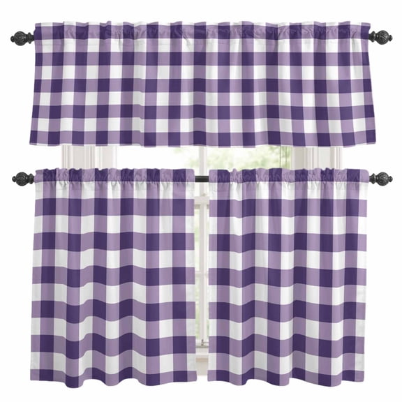3 Piece Purple Plaid Kitchen Curtain Valance and Tiers Set Purple Gradient Line Check Geometric Rod Pocket Tier Curtain 24 Inch Small Window Drapes for Living Room Bedroom Cafe Home Decor