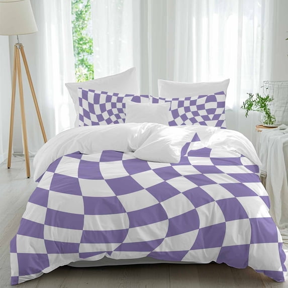 3 Piece Purple White Checkered Duvet Cover Set Twin Size, Microfiber Comforter/Quilt Cover with Corner Ties and 2 Pillowcases, Modern Irregular Geometric All Season Soft Bedding with Zipper Closure