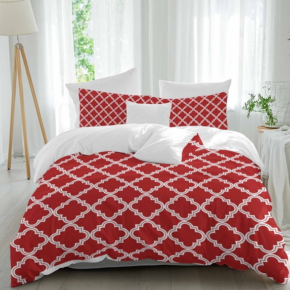 3 Piece Quatrefoil Moroccan Pattern Duvet Cover Set California King,Microfiber Comforter/Quilt Cover with Corner Ties and 2 Pillowcases,Geometric Red Backdrop All Season Bedding with Zipper Closure