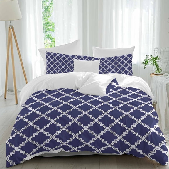 3 Piece Quatrefoil Moroccan Pattern Duvet Cover Set Queen Size, Microfiber Comforter/Quilt Cover with Corner Ties and 2 Pillowcases, Geometric Blue Morocco All Season Soft Bedding with Zipper Closure