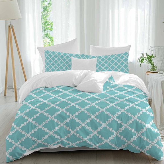 3 Piece Quatrefoil Moroccan Pattern Duvet Cover Set Twin Size, Microfiber Comforter/Quilt Cover with Corner Ties and 2 Pillowcases, Geometric Aqua Morocco All Season Soft Bedding with Zipper Closure