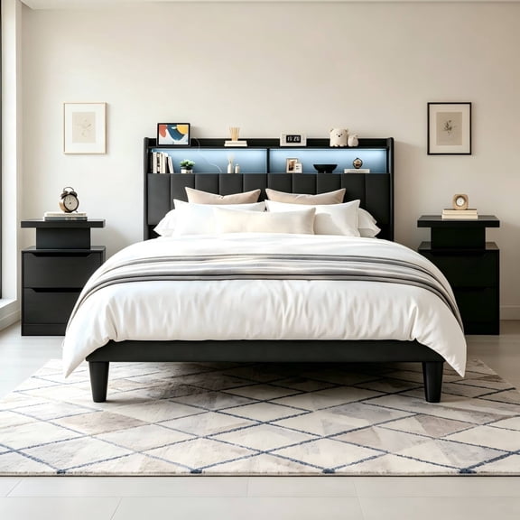 3-Piece Queen Bedroom Set - Dark Gray Bed Frame & 2 Black LED Nightstands, Gizoon