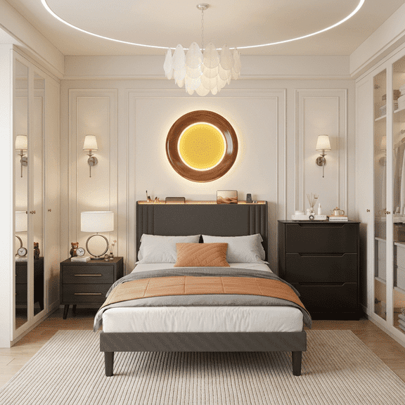 3-Piece Queen Bedroom Set: Upholstered Platform Bed with Charging Station & LED Lights + 2 Drawers Nightstands + 3 Drawer Dresser with Anti-Tip Safety – Bedroom Furniture Set, Dark Gray/Beige