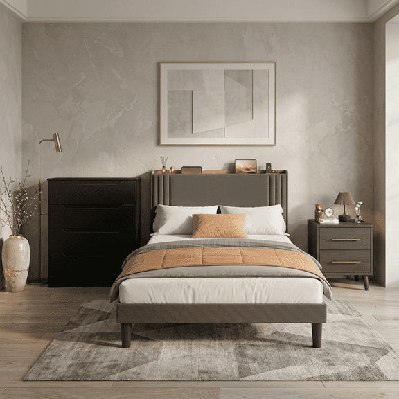 3-Piece Queen Bedroom Set: Upholstered Platform Bed with Charging Station & LED Lights + 2 Drawers Nightstands + 4 Drawer Dresser with Anti-Tip Safety– Bedroom Furniture Set, Dark Gray/Beige