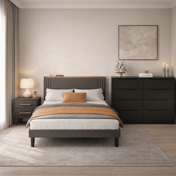 3-Piece Queen Bedroom Set: Upholstered Platform Bed with Charging Station & LED Lights + 2 Drawers Nightstands + 8 Drawer Dresser with Anti-Tip Safety– Bedroom Furniture Set, Dark Gray/Beige