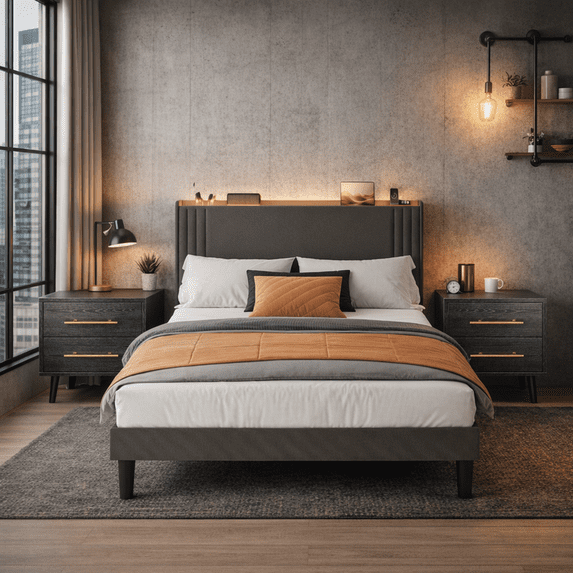 3-Piece Queen Bedroom Set: Upholstered Platform Bed with Charging Station & LED Lights + 2 White Nightstands with 2 Drawers – Modern Wingback Bed Frame, No Box Spring Needed, Dark Gray