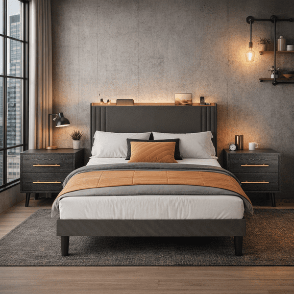 3-Piece Queen Bedroom Set: Upholstered Platform Bed with Charging Station & LED Lights + 2 White Nightstands with 2 Drawers – Modern Wingback Bed Frame, No Box Spring Needed, Dark Gray