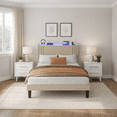 thumbnail image 1 of 3-Piece Queen Bedroom Set: Upholstered Platform Bed with Charging Station & LED Lights + 2 White Nightstands with 2 Drawers – Modern Wingback Bed Frame, No Box Spring Needed, Beige, 1 of 9