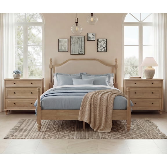 3-Piece Queen Bedroom Set, Wood Platform Bed Frame with Upholstered Headboard & 2 Storage Nightstands, Oak