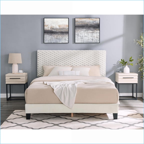 Bedroom Furniture Set, 3-Piece Queen White Dove Plush 3D Upholstered Bed with 2 Nightstands | Fabric,MDF,Upholstered | Standard Beds