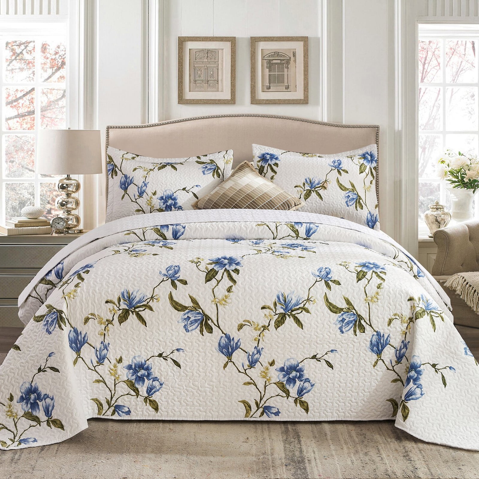 3-Piece Queen Floral Quilt Set - Cymbidium Pattern Soft Microfiber ...