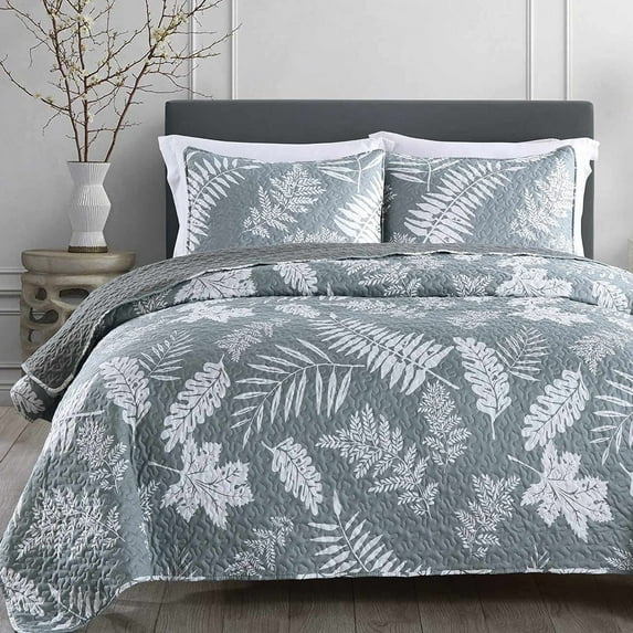 3-Piece Queen Quilt Set, GREAGLE Lightweight Soft Warm Full Size Quilt Bedspread Coverlet (90x90 in) with 2 Pillow Shams (20x26 in) for All Season, Leaf Print