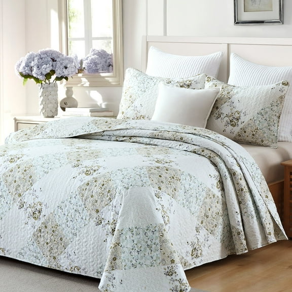 3-Piece Queen Quilt Set, Greagle Lightweight Patchwork Queen Size Spring Summer Quilt Bedspreads Full Size Bedding Set with Pillow Shams, 90x90 inch Beige Floral Plaid Print
