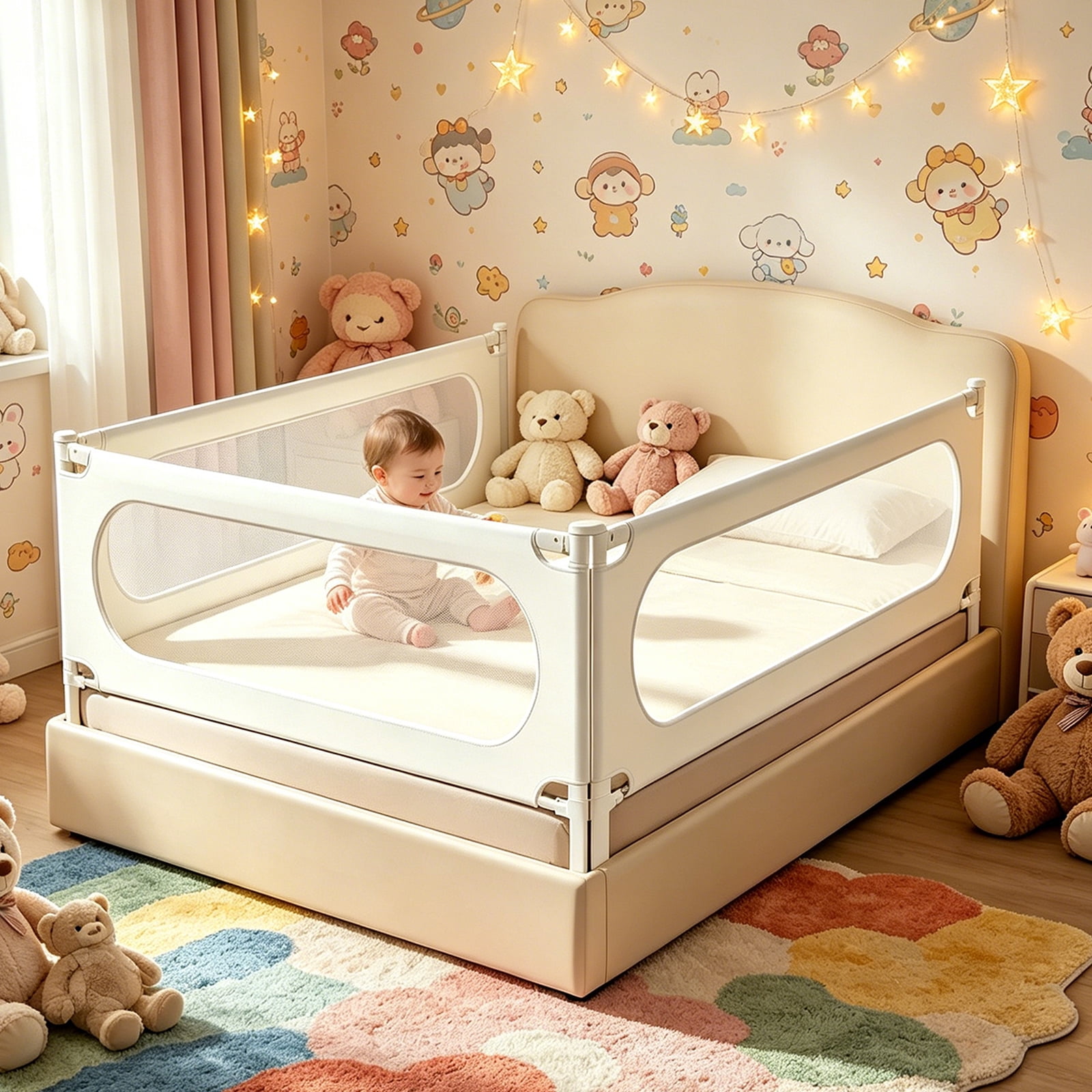 3-Piece Queen Size Bed Rail for Toddlers, Adjustable Baby Bed Rail Guard, Stable Protective Bedrail, 79.92"×79.92"×59.84", White