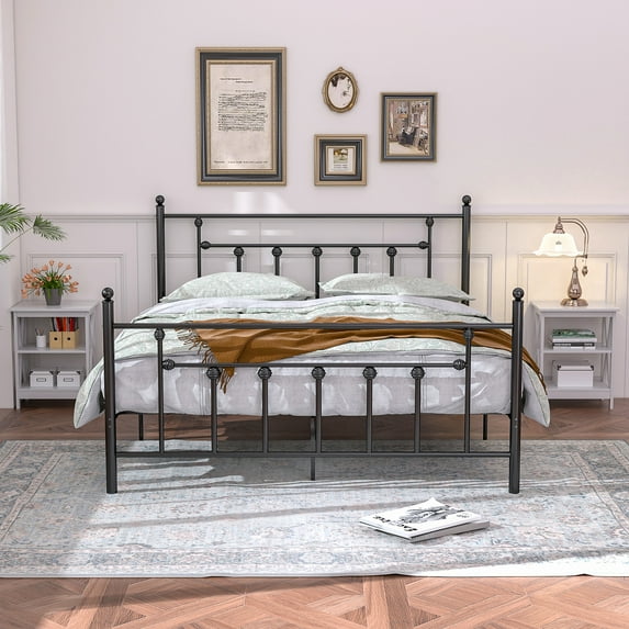 3 Piece Queen Size Bedroom Sets Black Metal Bed Frame and 2 White Nightstands