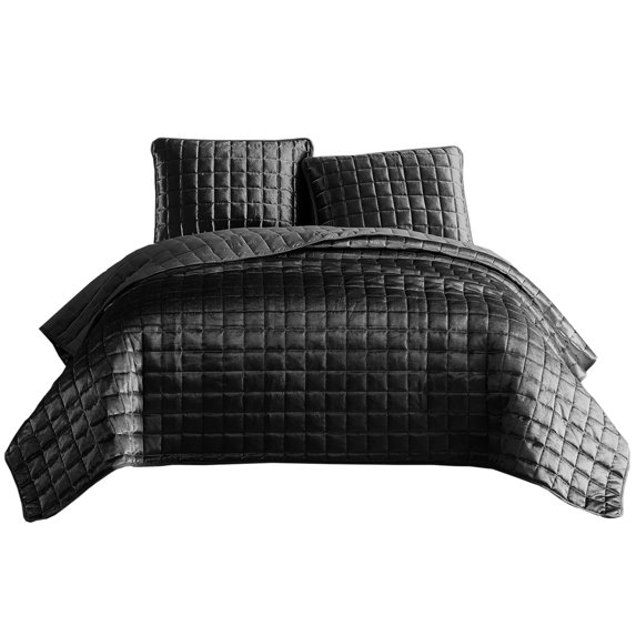 3 Piece Queen Size Coverlet Set with Stitched Square Pattern, Dark Gray - Saltoro Sherpi